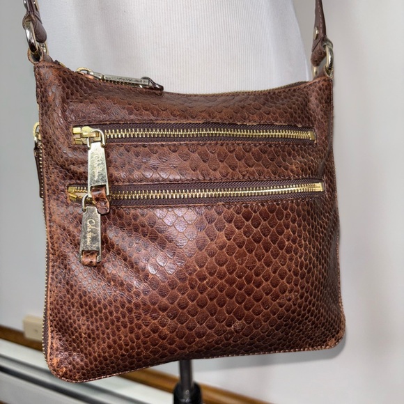Cole Haan Snake Print Brown Leather Zipper Expandable Adjustable Crossbody Bag - Picture 3 of 15